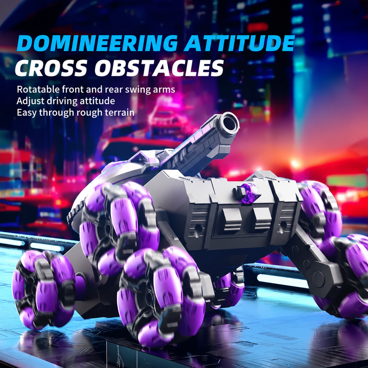 Purple RC tank truck with raised wheel arms in an obstacle-crossing stance