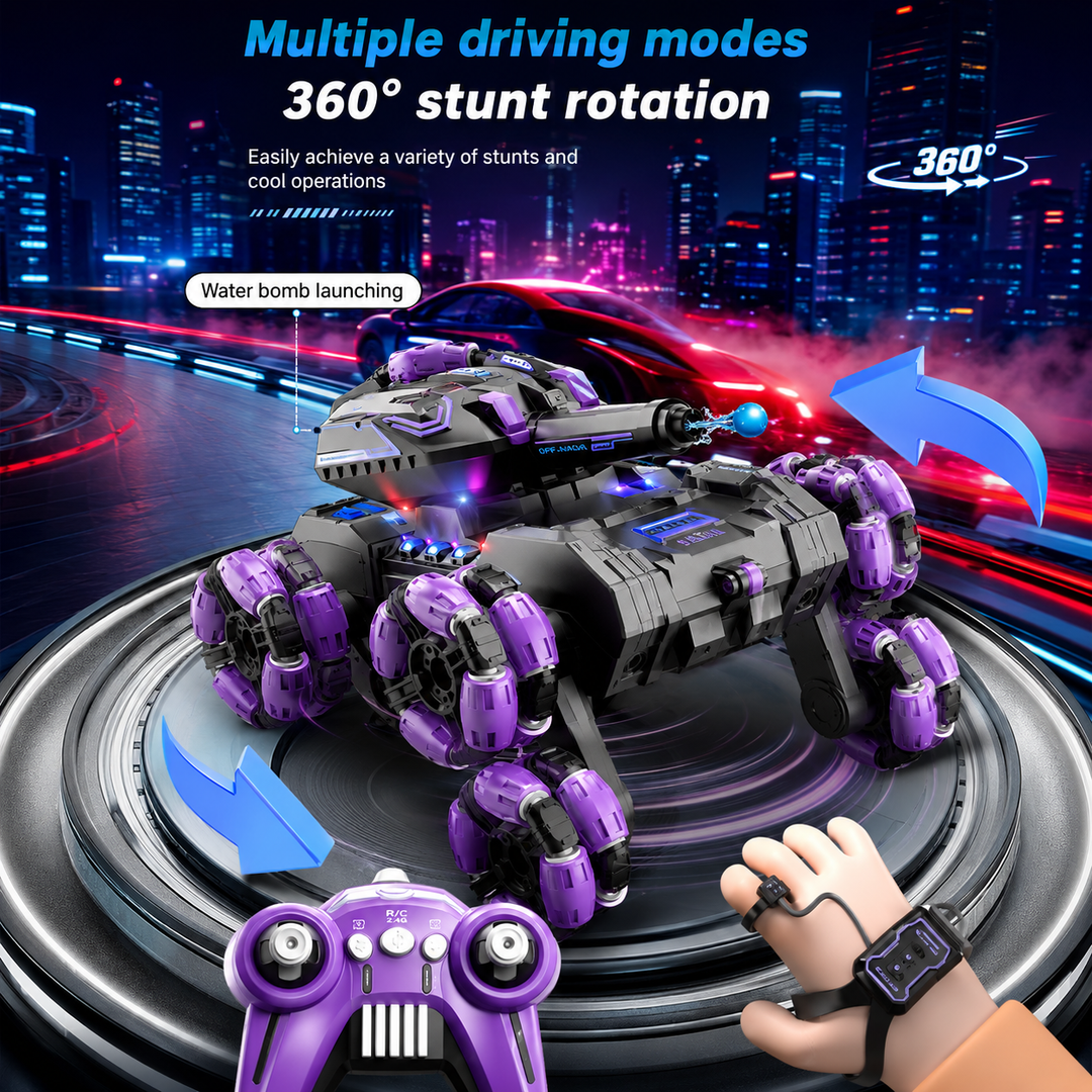 Purple RC tank truck illustrating a 360-degree turn with handheld and wrist controllers