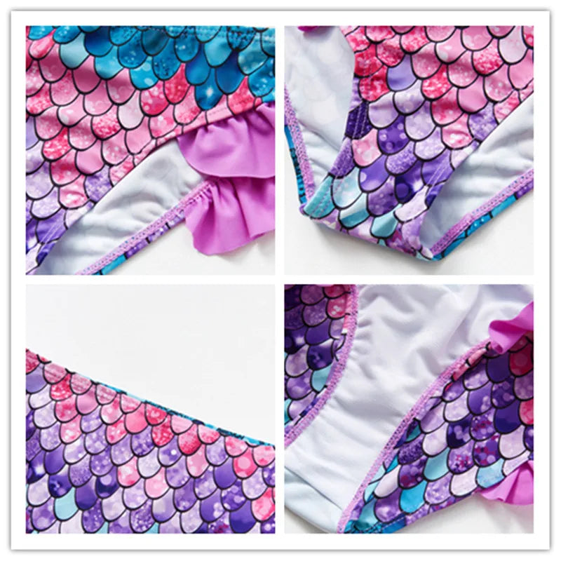 Close-ups of purple scale-print bikini bottoms showing ruffled hips, seams, and white interior.