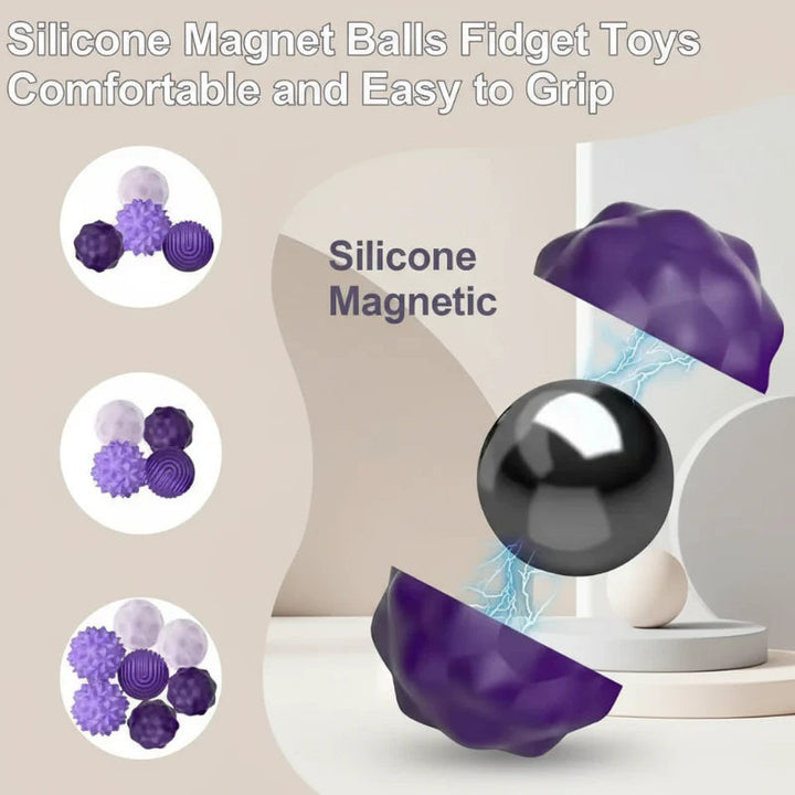 Cutaway illustration of a purple silicone fidget ball with a magnetic core and clustered ball arrangements