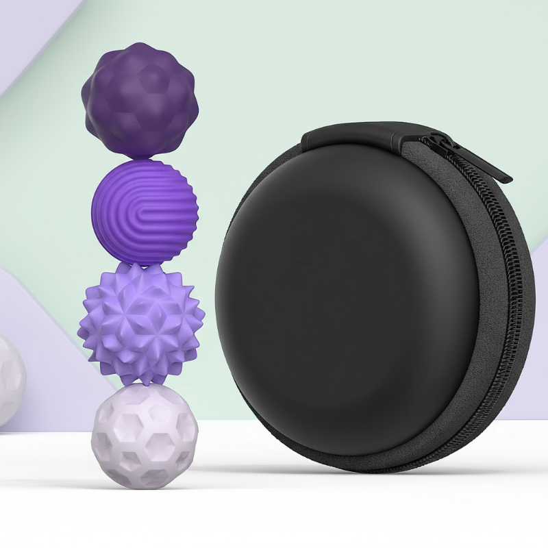 Four small purple and lilac textured magnetic beads beside a round black zippered case