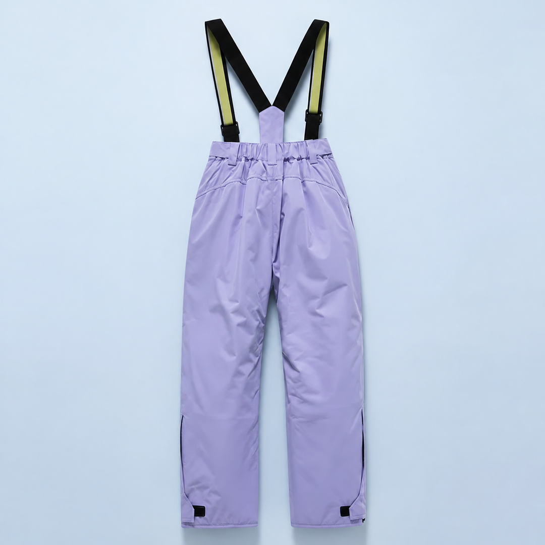 Purple ski pants with striped suspenders