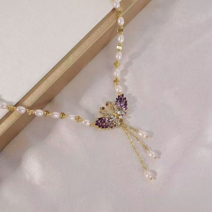 Purple Swan Heart Pendant Necklace Adjustable Chain Product Image 03