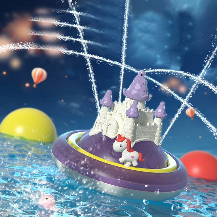 Purple floating unicorn castle toy spraying water beside colorful balls