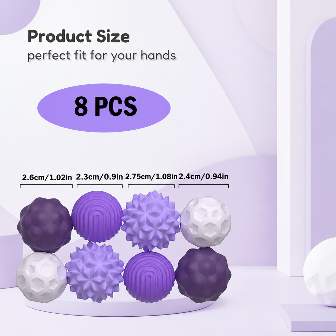 Eight purple and white magnetic silicone balls with diameter measurements and a 145 g set weight