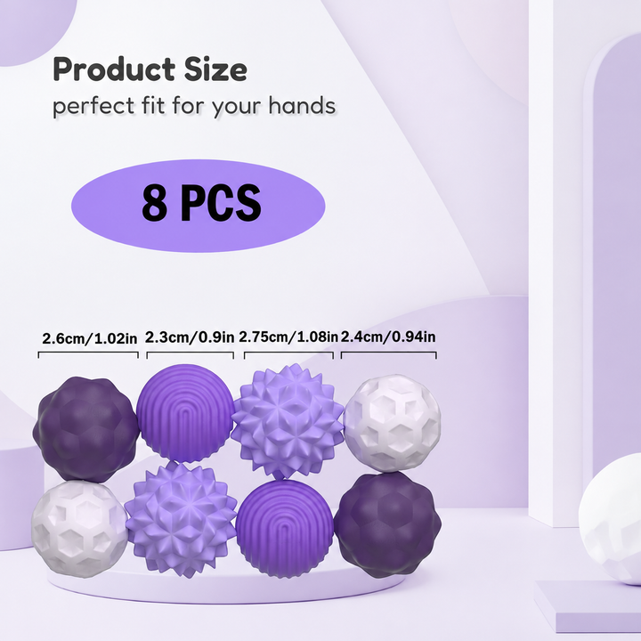 Eight purple and white magnetic silicone balls with diameter measurements and a 145 g set weight