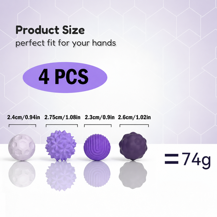 Four purple and white magnetic silicone balls with diameter measurements and a 74 g set weight