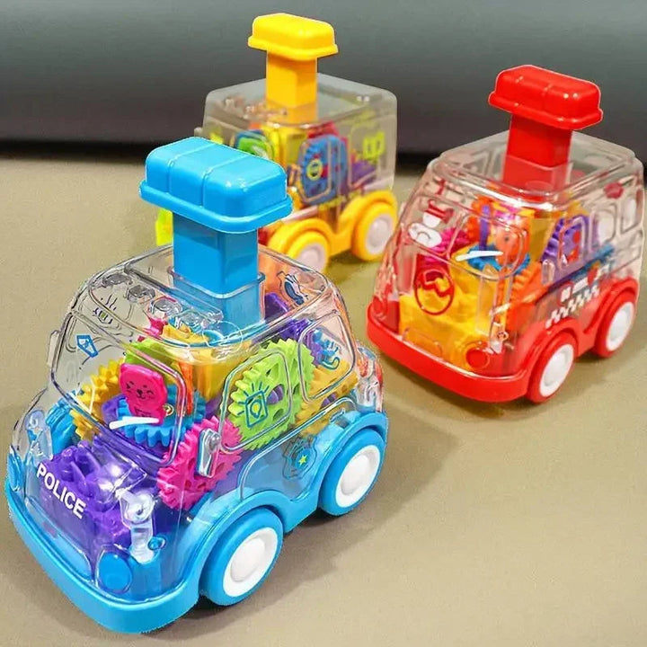 Blue police car, red fire truck, and yellow school bus toys with clear bodies and colorful gears