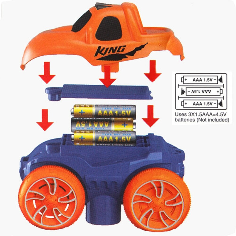 Orange toy car cover above an open battery compartment showing three AAA batteries