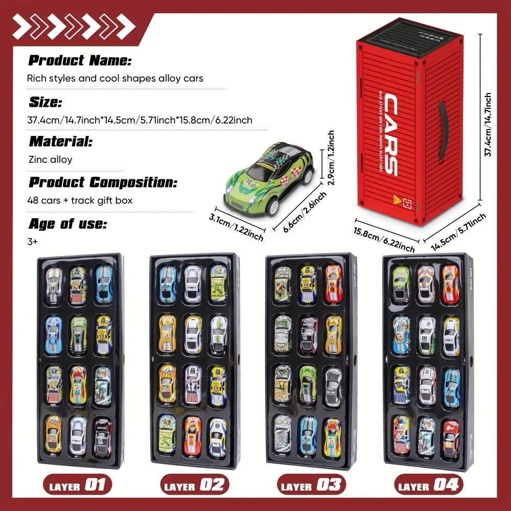 Dimension chart showing the red race car case, a toy car, and four trays holding 48 cars