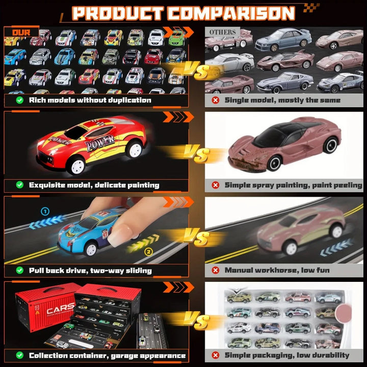 Race car feature collage with assorted designs, painted details, a hand moving a car, and a red storage case