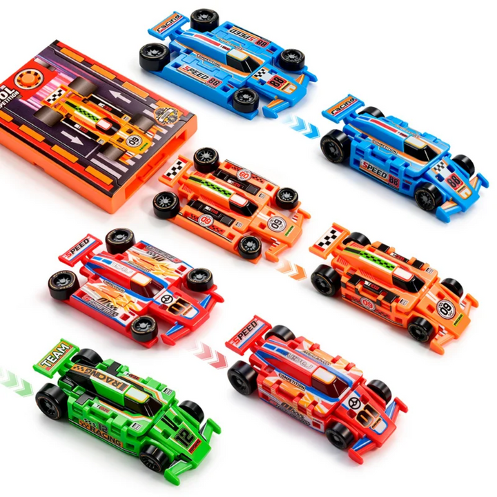 Blue, orange, red, and green race cars shown in flat and raised forms beside an orange launcher.