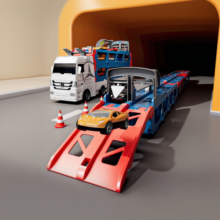 Yellow race car at the red loading ramp of the blue car transporter