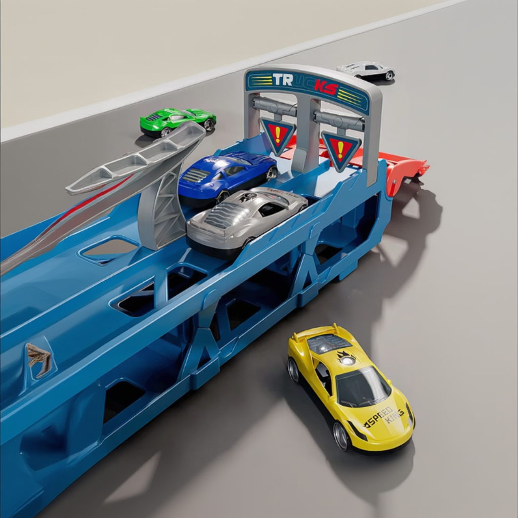Colorful race cars beside the raised end of the blue transporter track