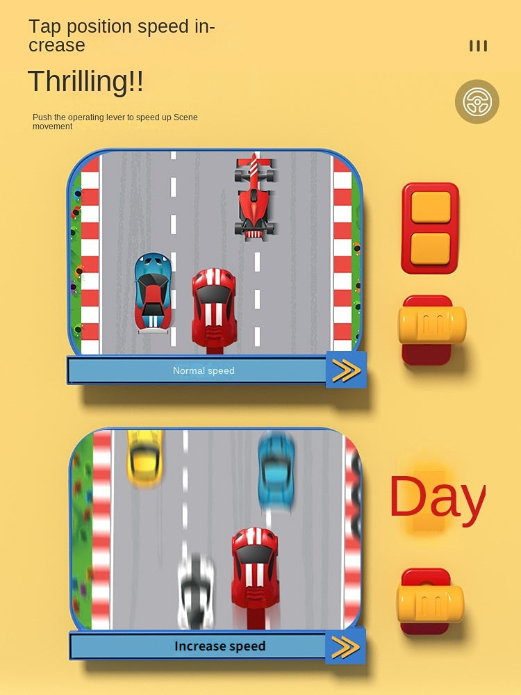 Racing game graphic showing normal and increased road speeds with the speed control
