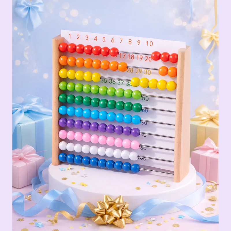 Colorful wooden abacus displayed on a round stand with wrapped gifts