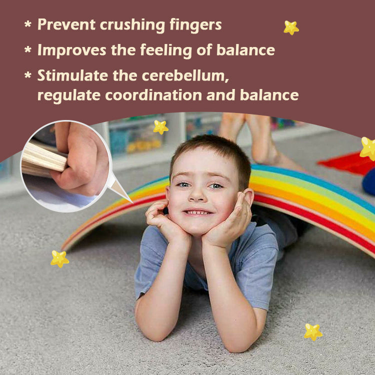 Child lying beneath a rainbow balance board, with an inset showing the board&