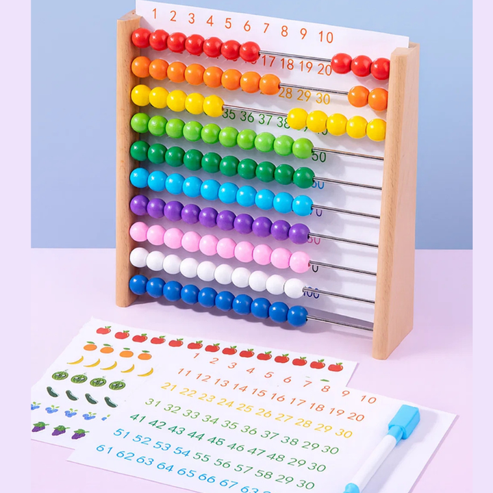 Rainbow-bead wooden abacus with a counting sheet and marker