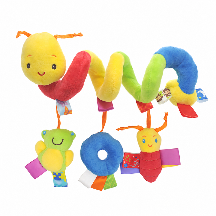 Rainbow caterpillar spiral activity toy with colorful hanging animals, a blue ring, and fabric tabs.