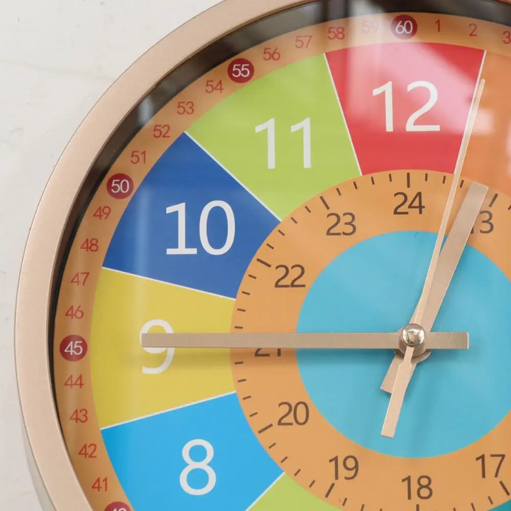 Close-up of rainbow clock hands with color-coded hours and inner 24-hour numbers