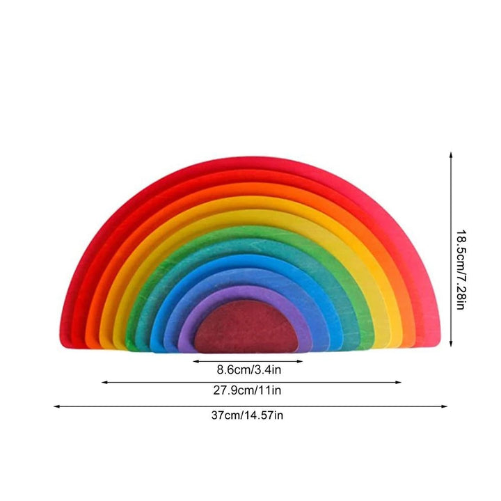 Rainbow wooden disc measurement guide showing a width of 37 cm and height of 18.5 cm