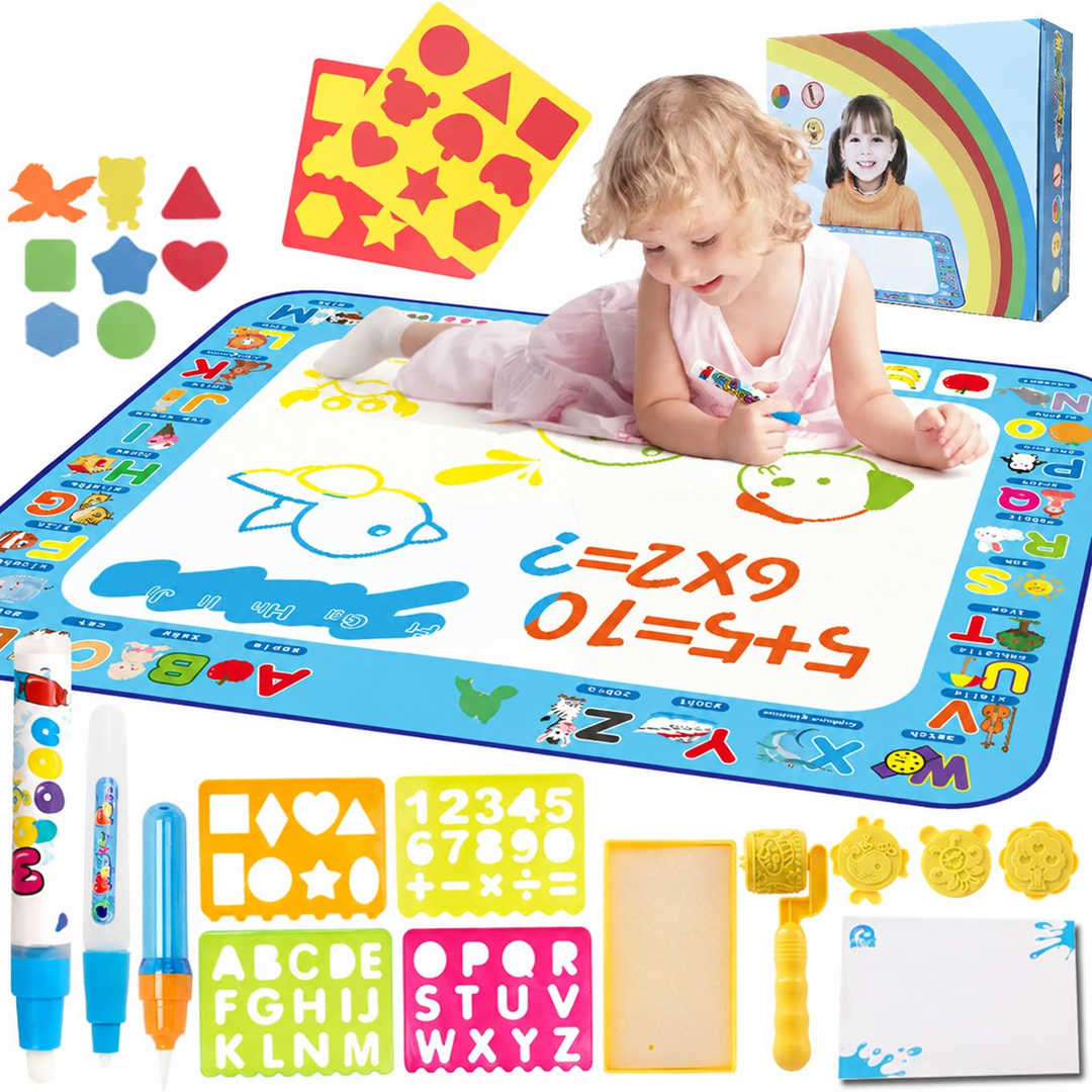 Child drawing on a blue alphabet water mat, shown with pens, shape stencils, a roller, and a drawing booklet