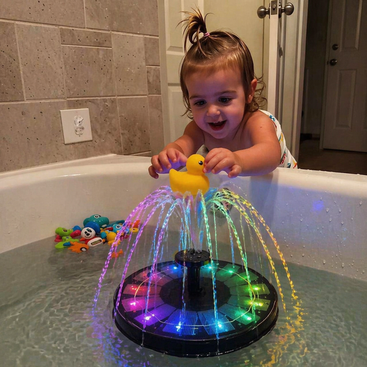 Child watching colorful fountain streams from a floating LED bath toy in a bathtub