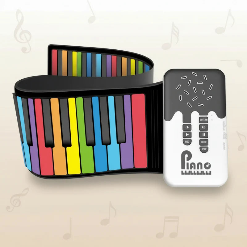 Rainbow piano keyboard rolled into a curve beside its speaker and control buttons
