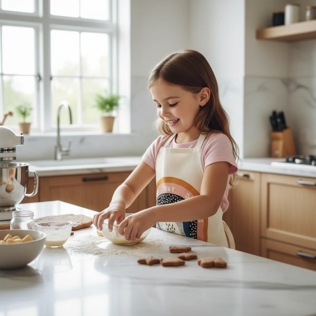 Girl wearing a rainbow apron while kneading dough in a bright kitchen