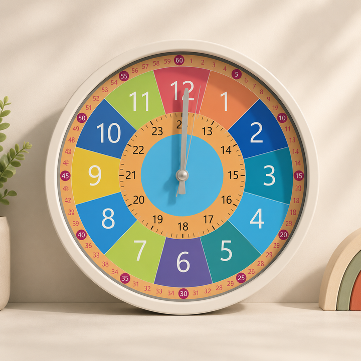 Rainbow learning wall clock with color-coded hours, inner 24-hour numbers, and outer minute markings