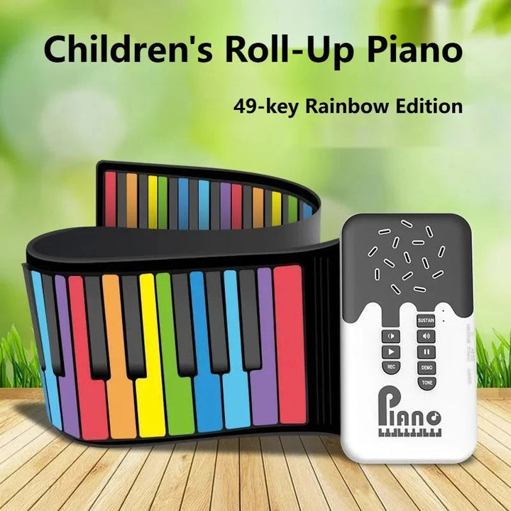 Rainbow roll-up piano with colorful keys curled beside its black-and-white control unit