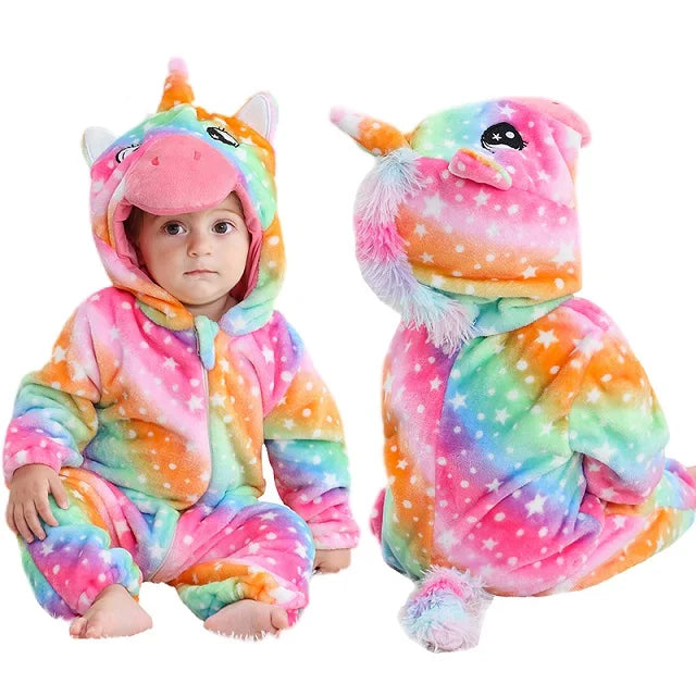 Front and back views of a rainbow unicorn baby romper with a horned hood and star pattern.