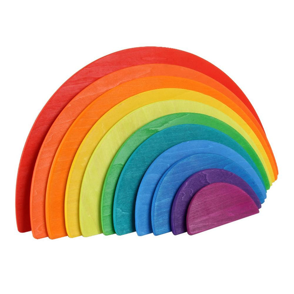 Colored wooden semicircle discs nested upright in a rainbow