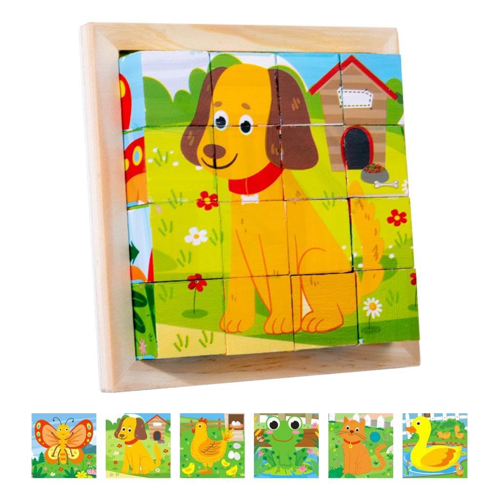 Ranch wooden block puzzle showing a yellow dog, with six animal pictures below.