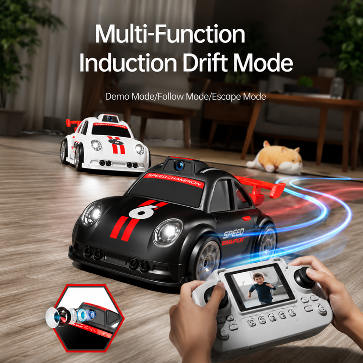 Black and white RC cars with a screen controller and drifting mode graphics