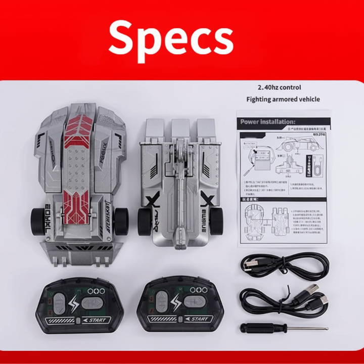 Two armored RC cars with controllers, charging cables and printed instructions laid out together