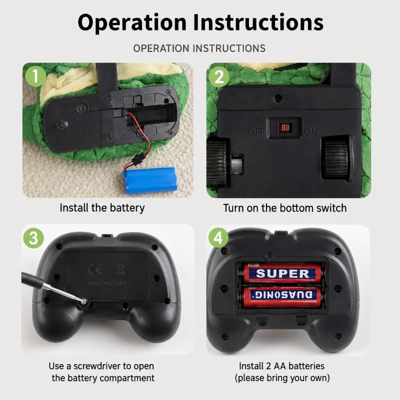 Battery installation and power-switch instructions for the dinosaur base and remote control
