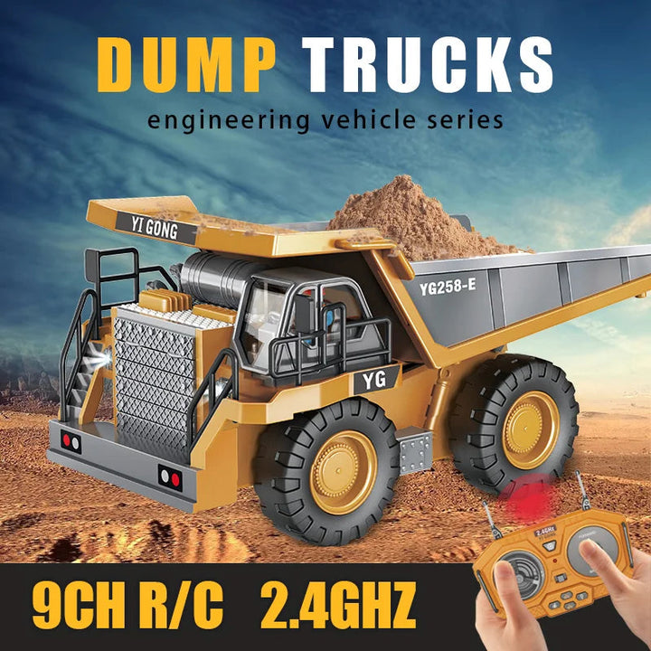 Yellow RC dump truck carrying a load of dirt, with its remote control shown below
