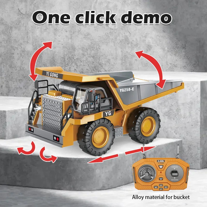 RC dump truck demonstration graphic showing travel directions and a lifting dump bed