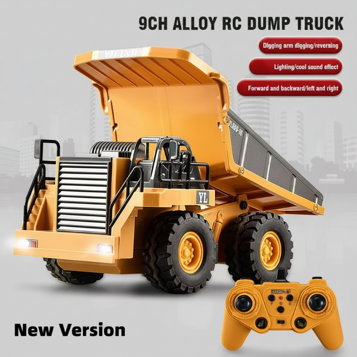 Yellow RC dump truck with raised tipping bed and handheld controller