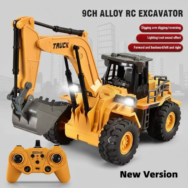 Yellow RC excavator with an articulated arm, digging bucket, and handheld controller