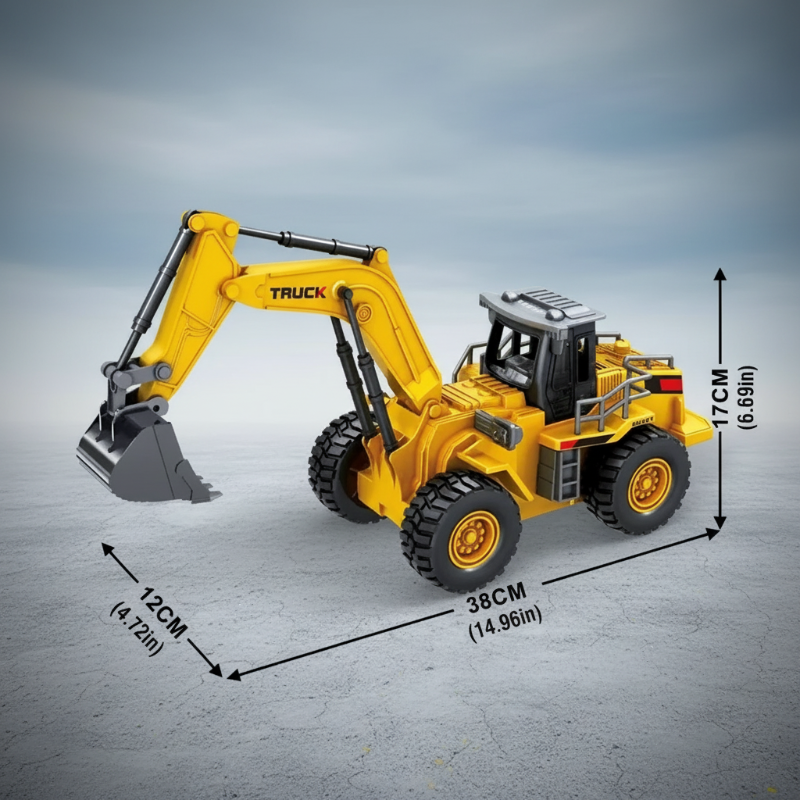Yellow RC excavator with dimensions labeled 38 cm long, 12 cm wide, and 17 cm high
