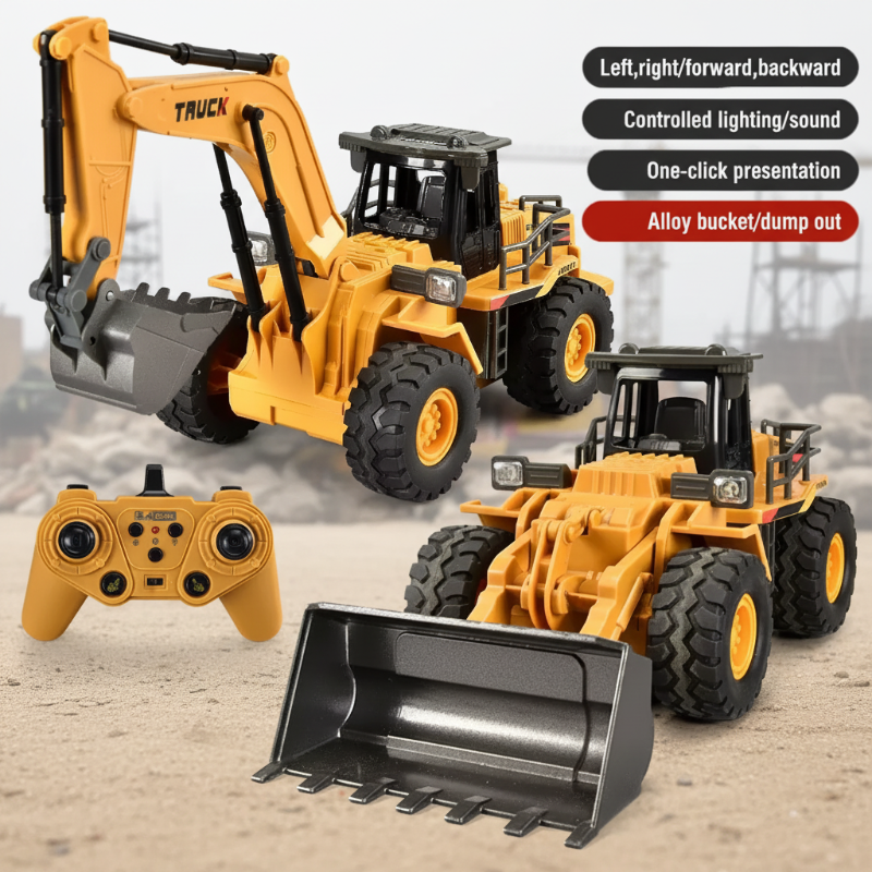 Yellow RC excavator and front loader shown with a handheld controller