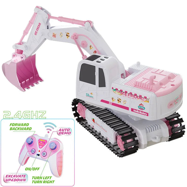 RC excavator with a raised pink bucket and a diagram of its 2.4 GHz remote controls.