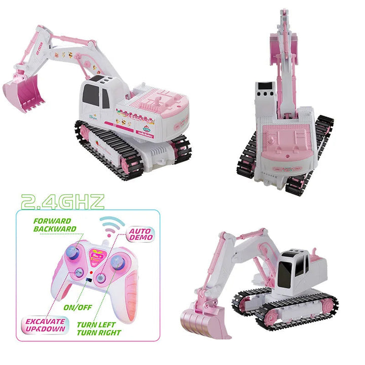 Pink-and-white RC excavator shown from three angles with a remote-control diagram.
