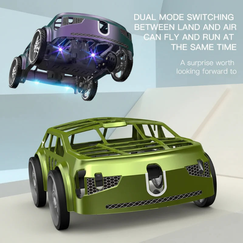 Purple RC flying car above a green car, showing air and ground modes