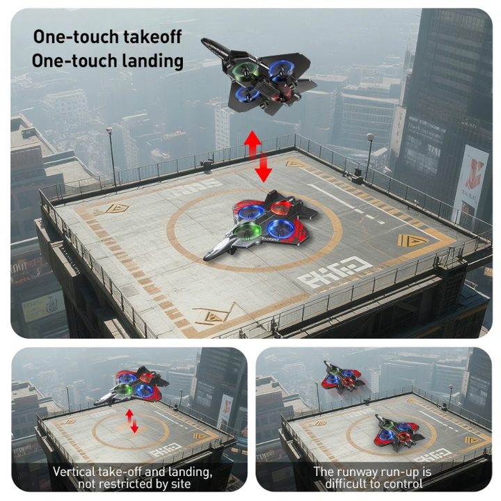Graphic showing an RC stunt plane taking off and landing vertically above a rooftop.