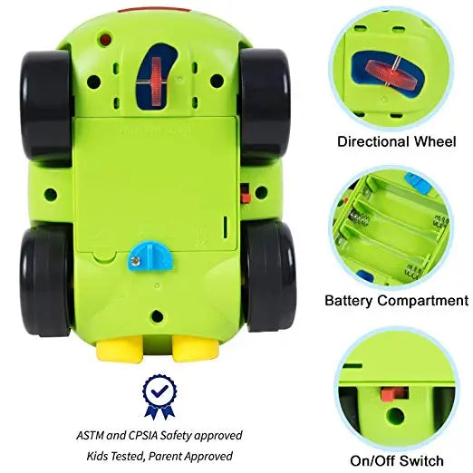 RC race car underside with close-ups of the directional wheel, battery compartment, and on/off switch.