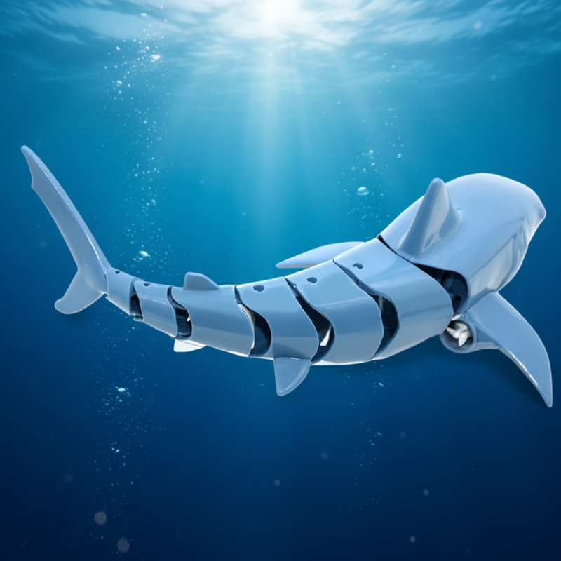 Blue RC shark shown from behind with its segmented tail curved to one side