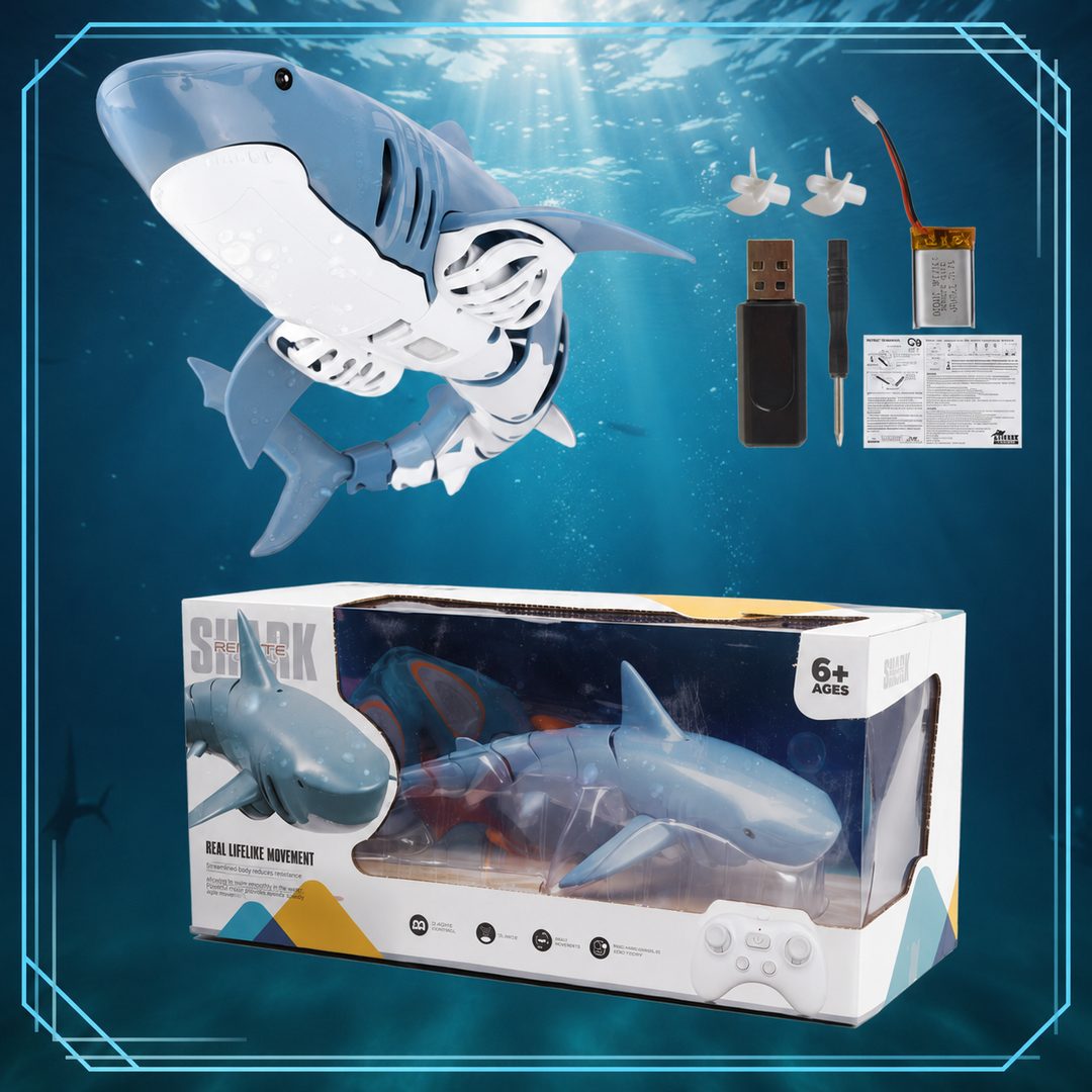 RC shark set with display box, battery, USB charger, propellers and instructions